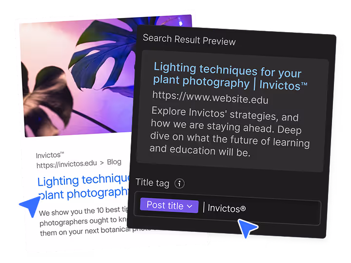 Screenshot showing a blog titled 'Lighting techniques for your plant photography' from Invictos with a search result preview and title tag editing interface.