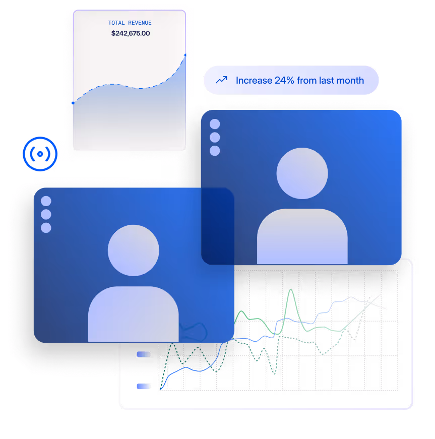 Dashboard with total revenue of $242,675.00 showing a 24% increase from last month, featuring line graphs and user profile icons.