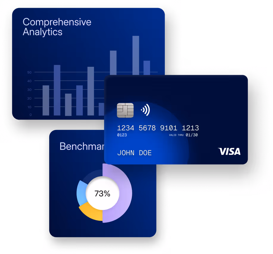 Digital credit card with a contactless payment symbol overlaid on bar and pie charts labeled Comprehensive Analytics and Benchmark with 73%.