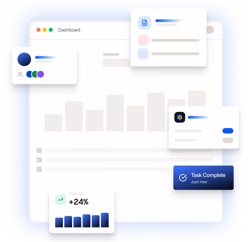 User interface dashboard with graphs, task completion notification, and multiple info cards showing progress and settings.