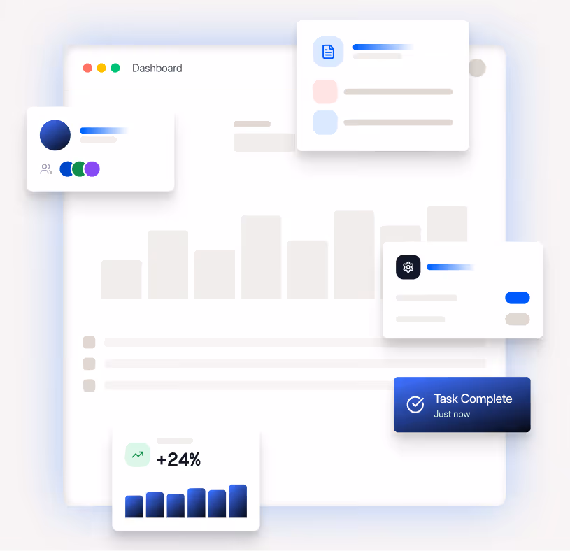 User interface dashboard with graphs, task completion notification, and multiple info cards showing progress and settings.