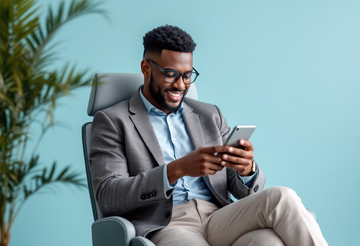image of a person navigating a finance app in a financial company setting