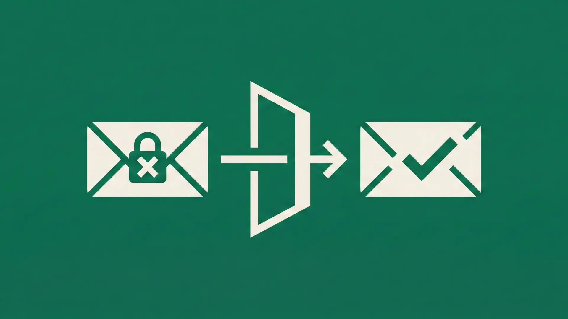 Illustration minimaliste sur fond vert du processus de délivrabilité email : un message bloqué avec un cadenas traverse un filtre pour devenir un email validé et accepté en boîte de réception