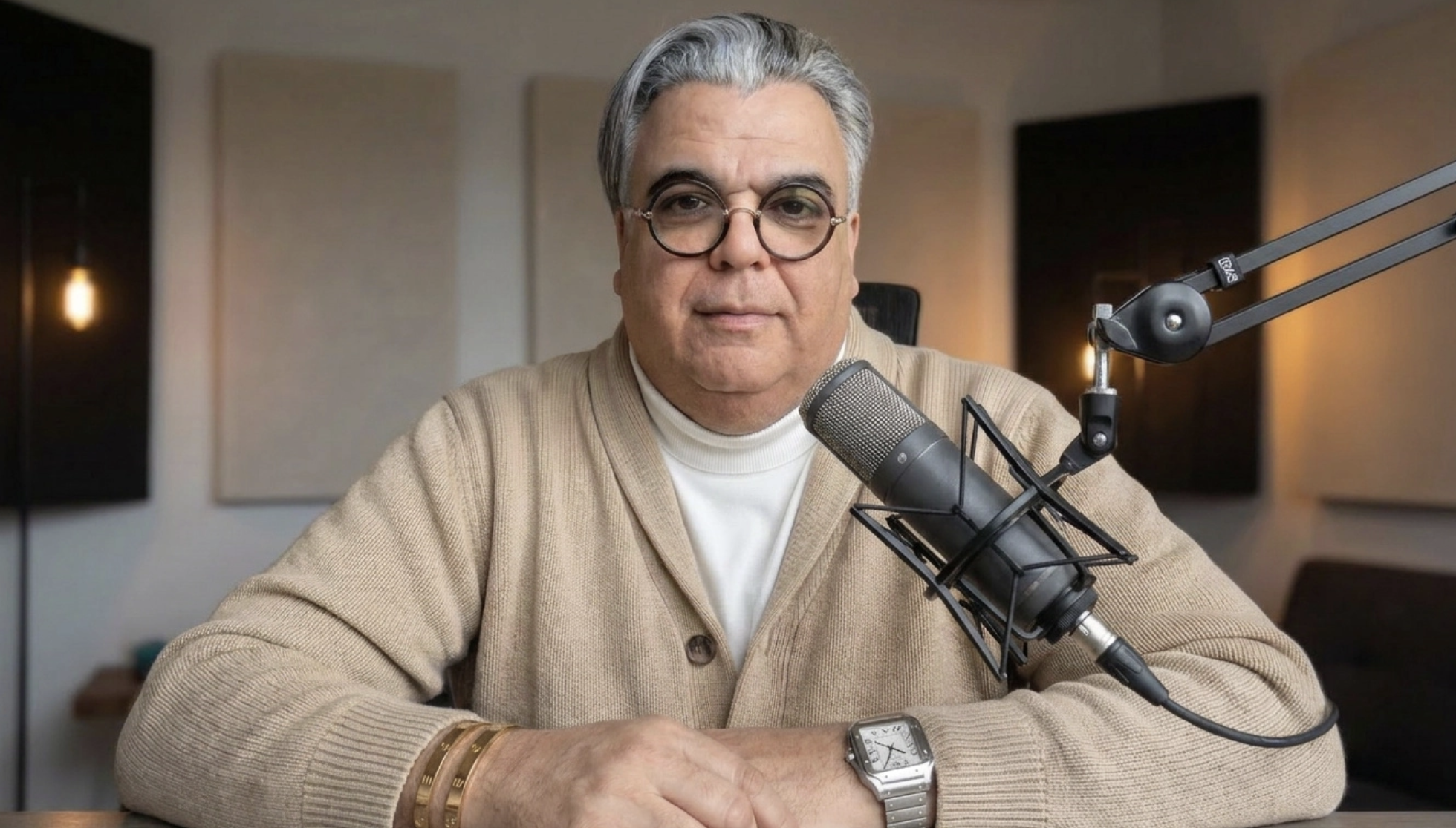 Carlos Bauza en estudio de grabación de podcast Desde Mi Pantalla - Análisis geopolítico y estratégico.