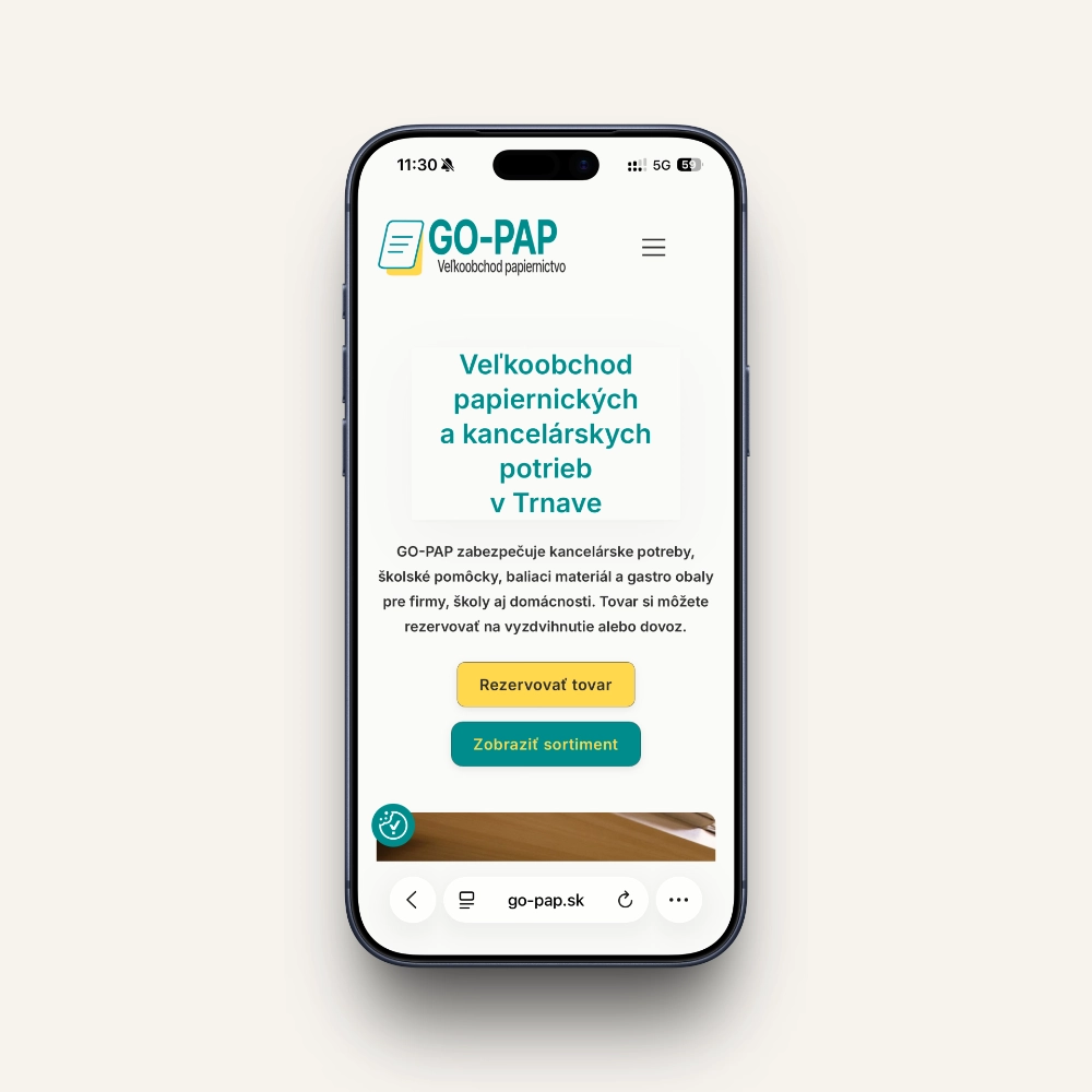 Webová stŕnka GO-PAP — mobilná verzia úvodnej stránky.