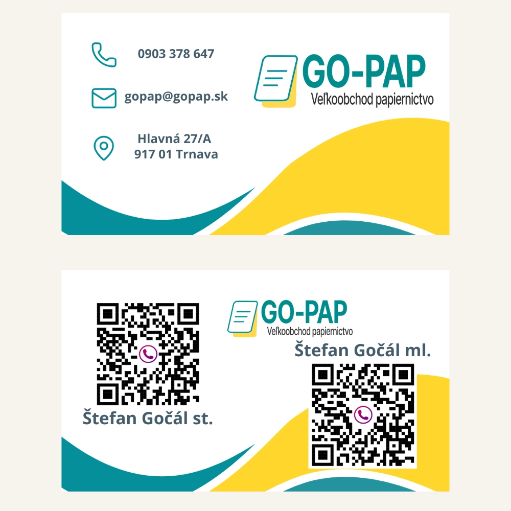 Vizitka značky GO-PAP s kontaktnými údajmi a QR kódom na priamy telefonát.