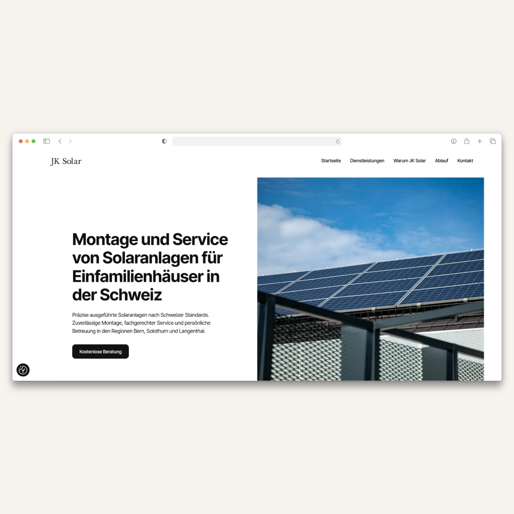 JK Solar web - desktop verzia so solárnymi panelmi a ponukou montáže vo Švajčiarsku.