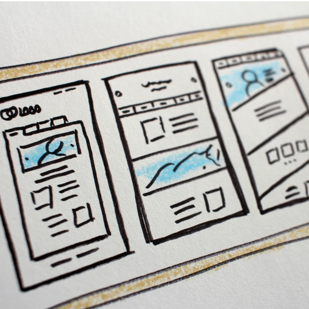 Wireframe náčrt webovej stránky na papieri