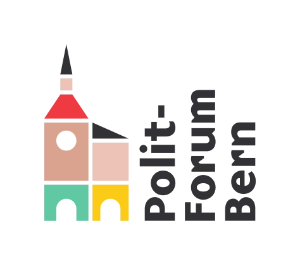 Simplified colorful illustration of a church building with text 'Polit-Forum Bern' to the right