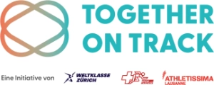 Together on Track logo with intertwined shapes and text, alongside partner logos Weltklasse Zürich, Swiss Athletics, and Athletissima Lausanne.