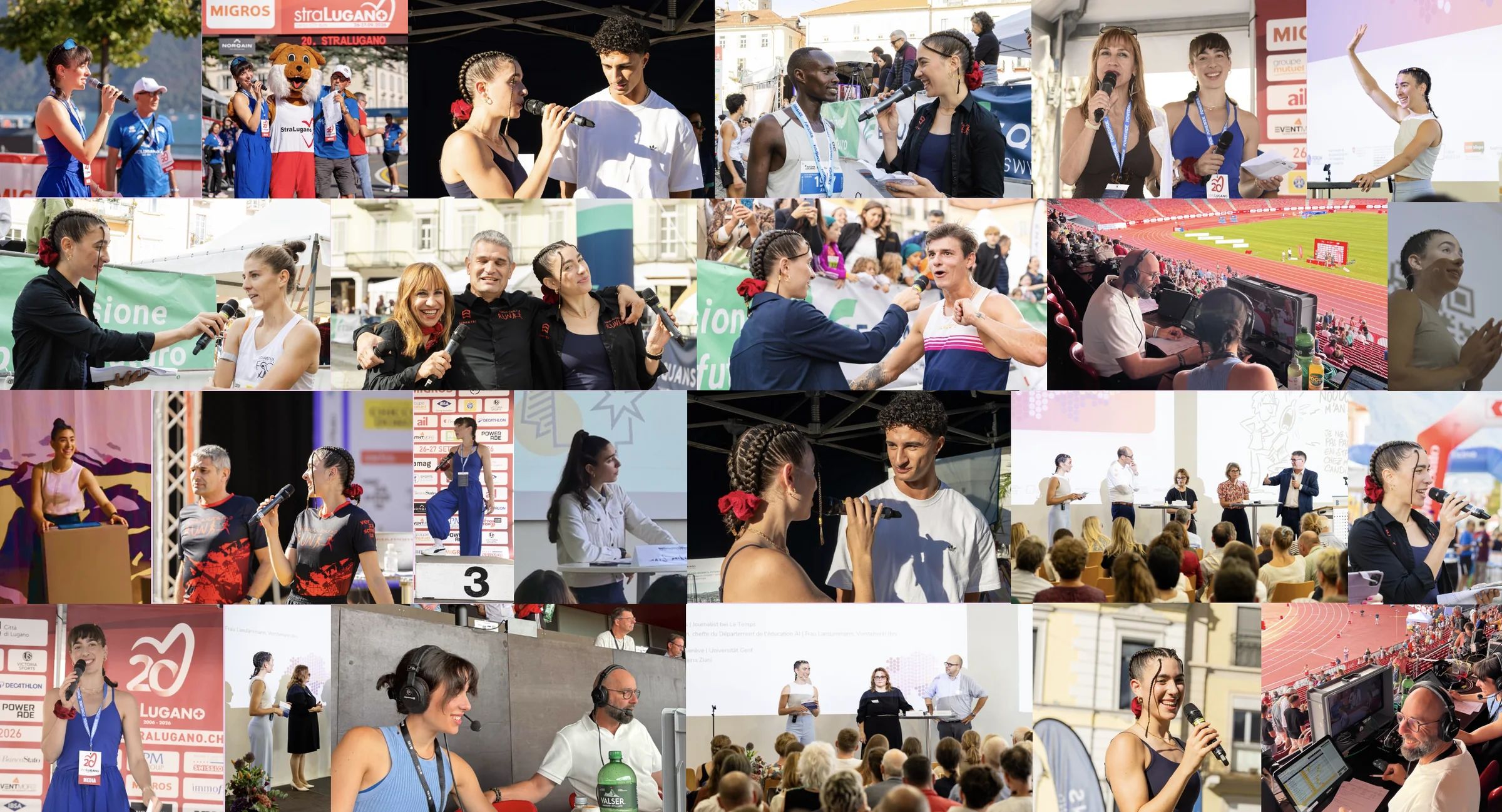 Collage of Ladina Ziani moderating, interviewing and commentating at sports events, conferences and panel discussions