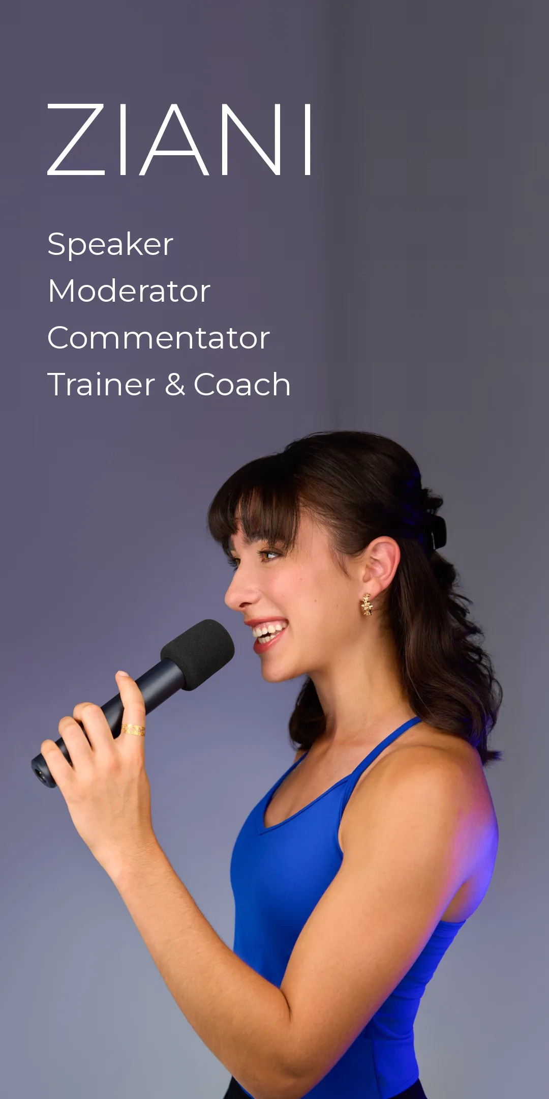 Ladina Ziani speaking into a microphone. ZIANI: Speaker, Moderator, Commentator, Trainer & Coach