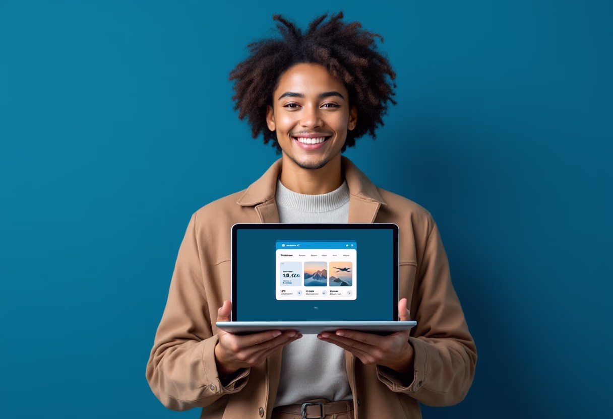 image of a traveler with a laptop (for a travel tech)