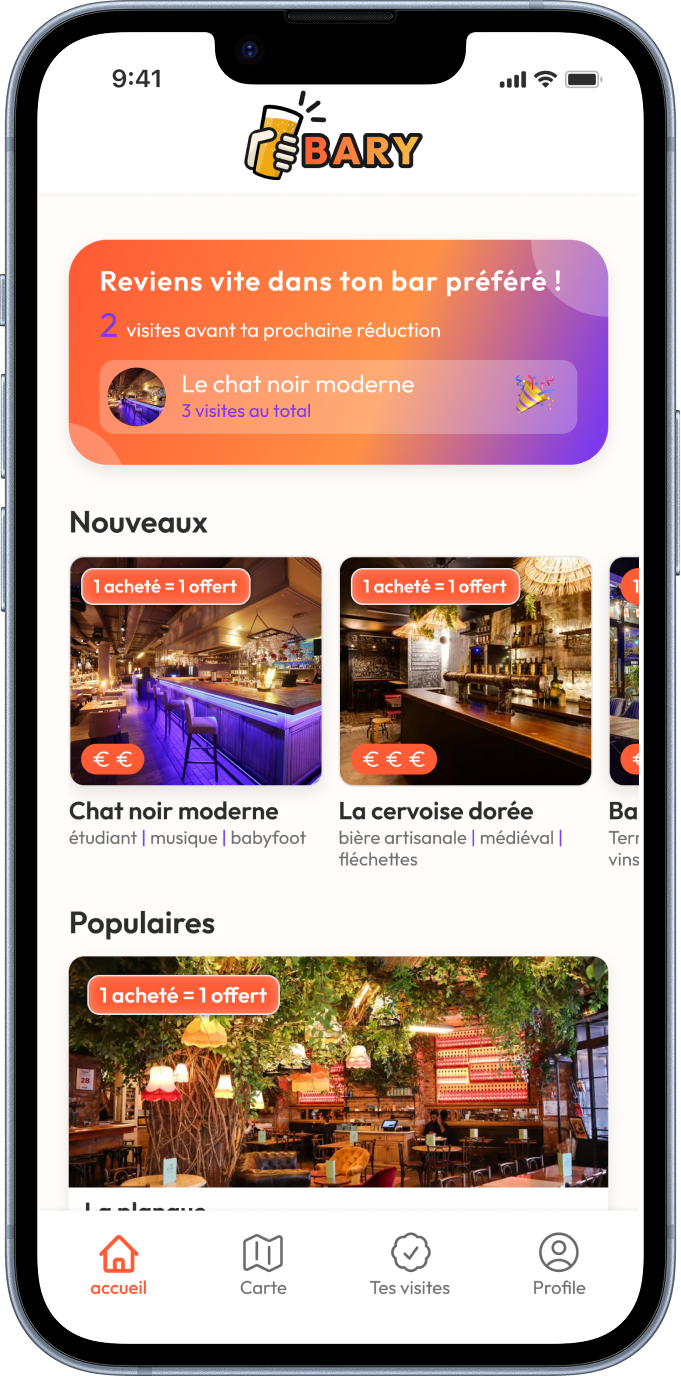 Mockup d'iphone montrant la home page de l'application mobile "BARRY"