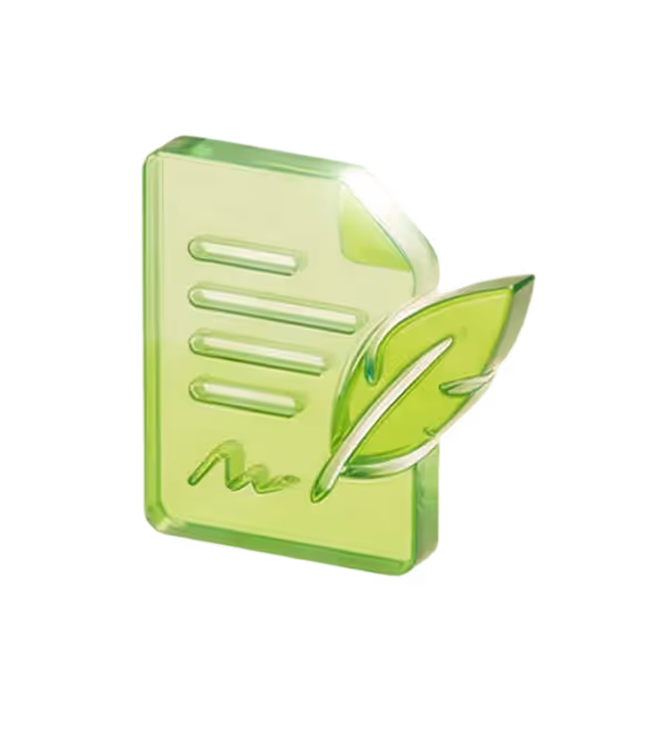 Green translucent icon of a document with a leaf symbolizing eco-friendly or sustainable paper.