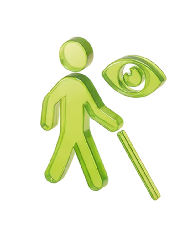 Green translucent icon of a person walking with a cane next to an eye symbol, representing visual impairment.