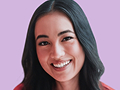 Smiling young woman with long dark hair against a purple background.