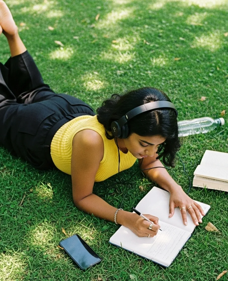 Young woman in yellow top lying on grass, wearing headphones and writing in a notebook outdoors.