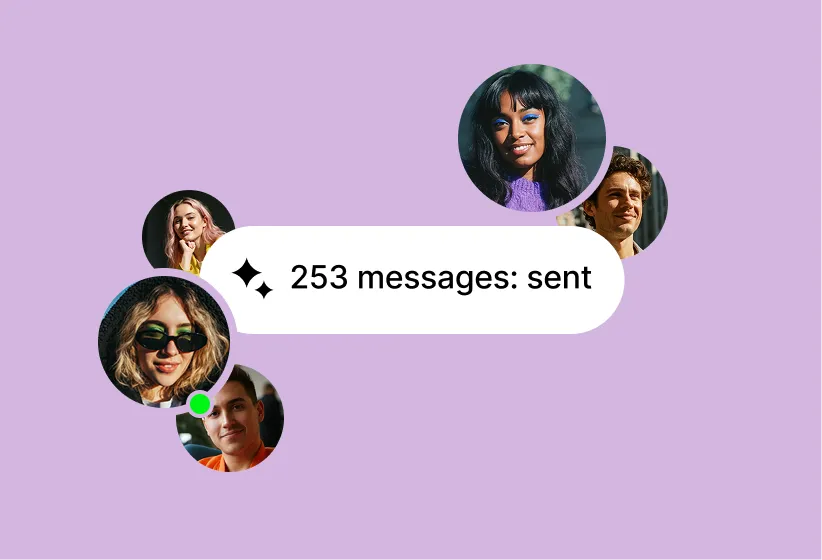 Six circular portraits around a chat bubble that says '253 messages: sent' on a purple background.