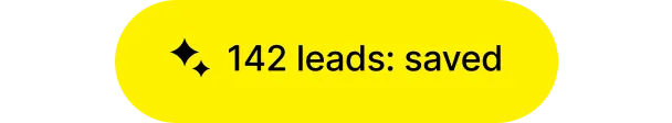 Yellow rounded button with black text displaying '142 leads: saved' and decorative sparkles.