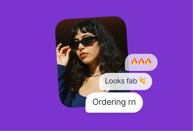 Woman with dark hair and sunglasses on purple background with chat messages praising and ordering.