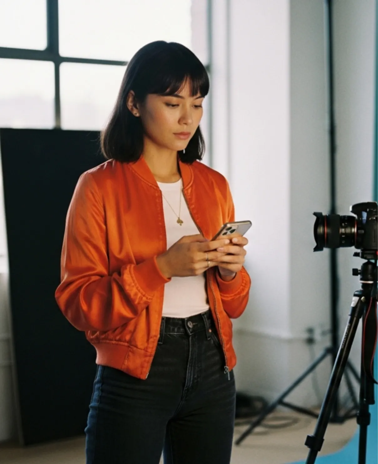 Woman in orange jacket using smartphone next to a camera on tripod in a studio setting.