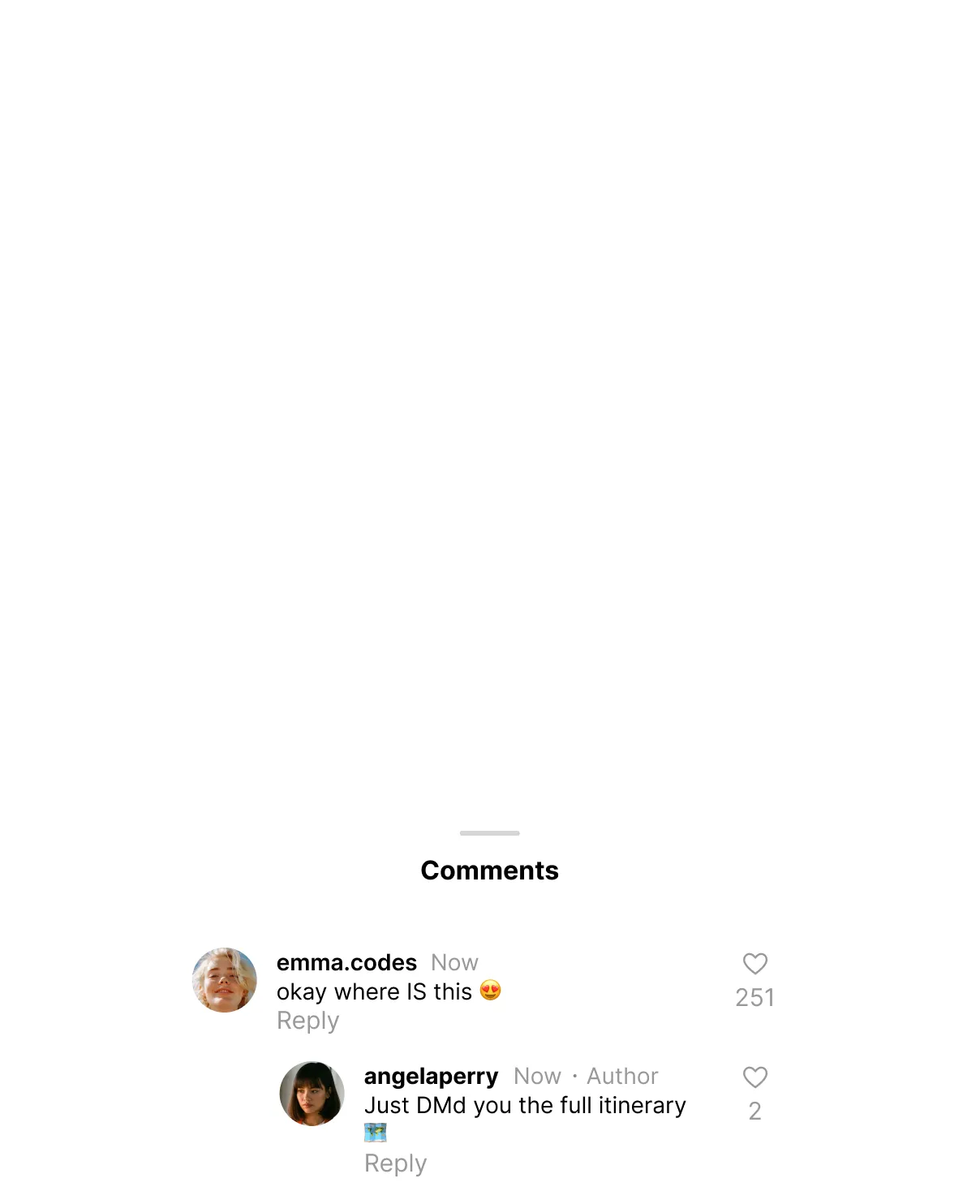 Social media comments: emma.codes asks location with heart-eyes emoji; angelaperry replies she sent full itinerary.