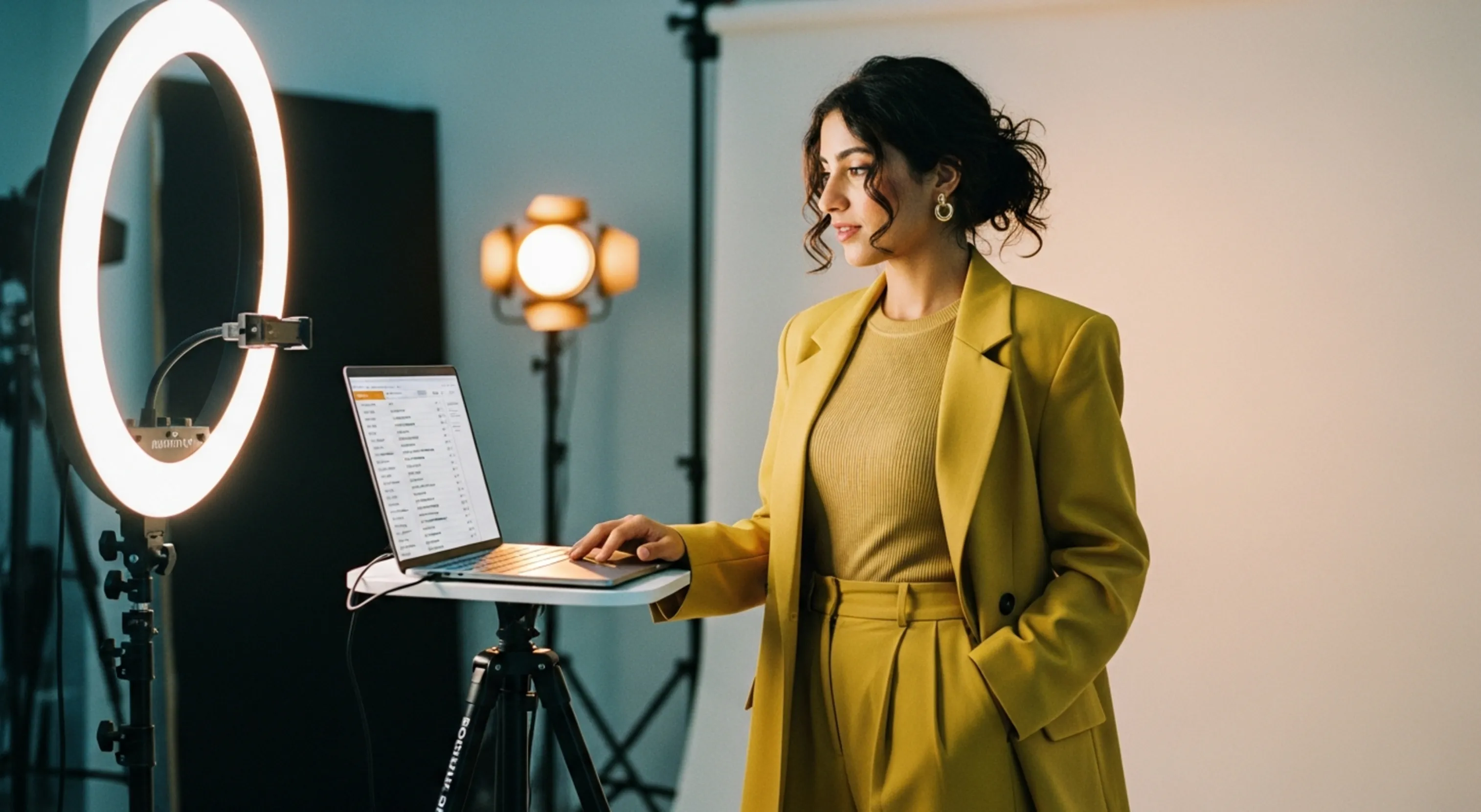 Woman in yellow suit stands using laptop on tripod with ring light and studio lighting in background.