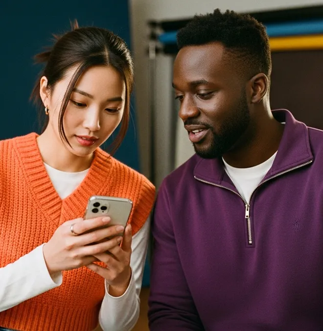 Two people looking at a smartphone together, one wearing an orange sweater, the other a purple shirt.