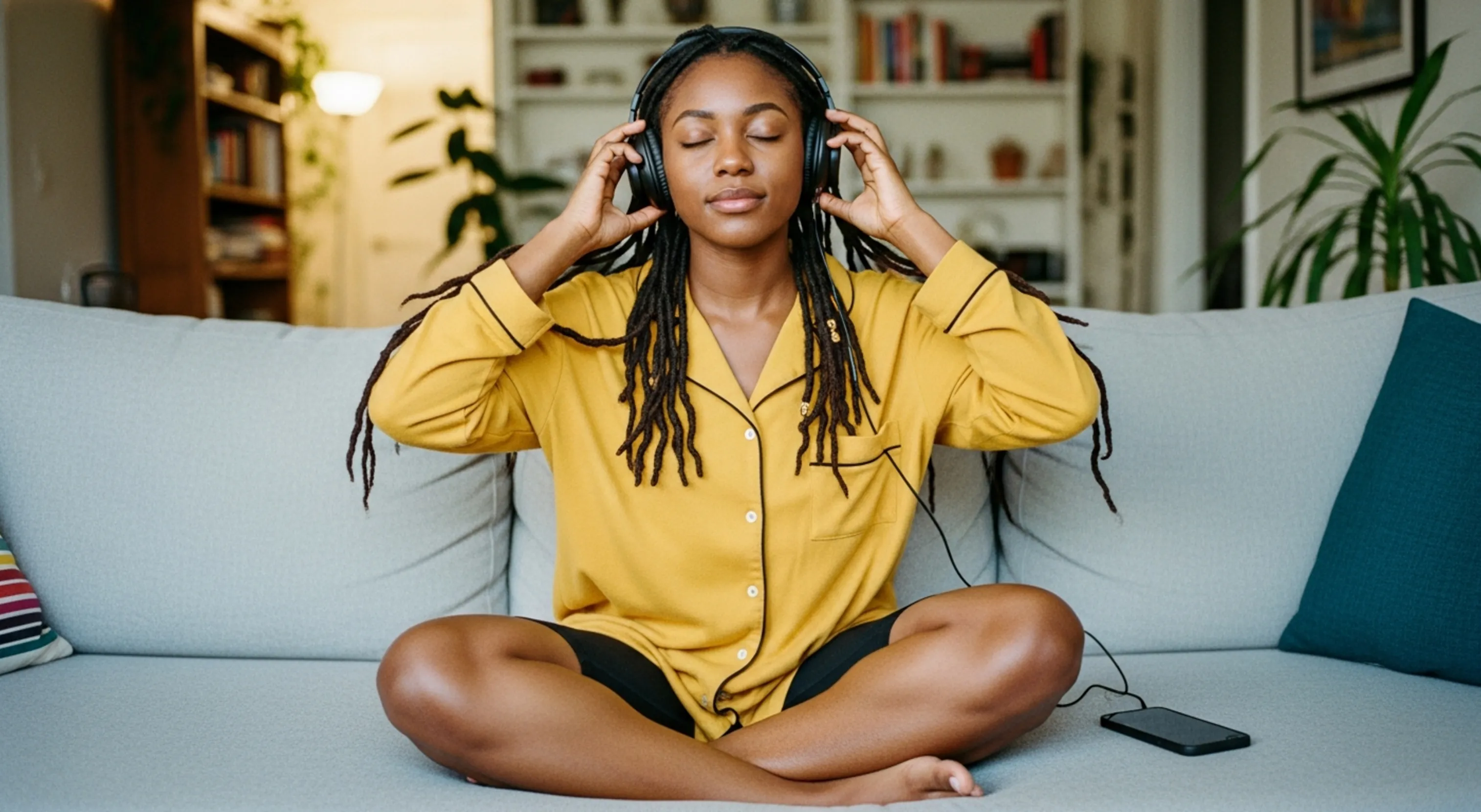 Woman in yellow pajamas sitting cross-legged on couch listening to music with headphones and smartphone.