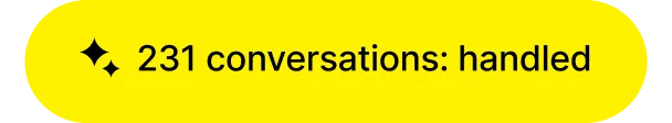 Yellow capsule-shaped badge with text '231 conversations: handled' and two sparkle icons