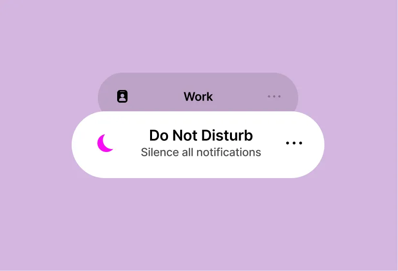 Do Not Disturb mode activated with a purple crescent moon icon and Work label above it.