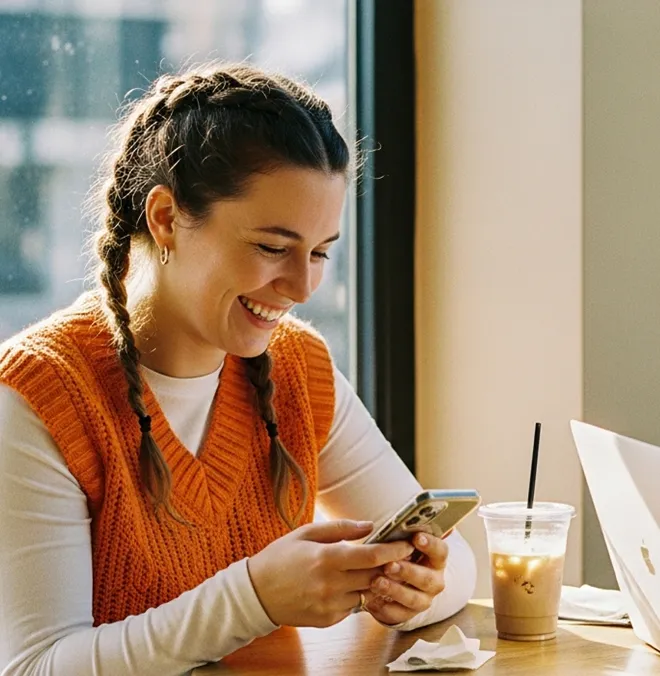 Smiling woman with braided hair in an orange vest looks at her phone while sitting by a window with iced coffee.