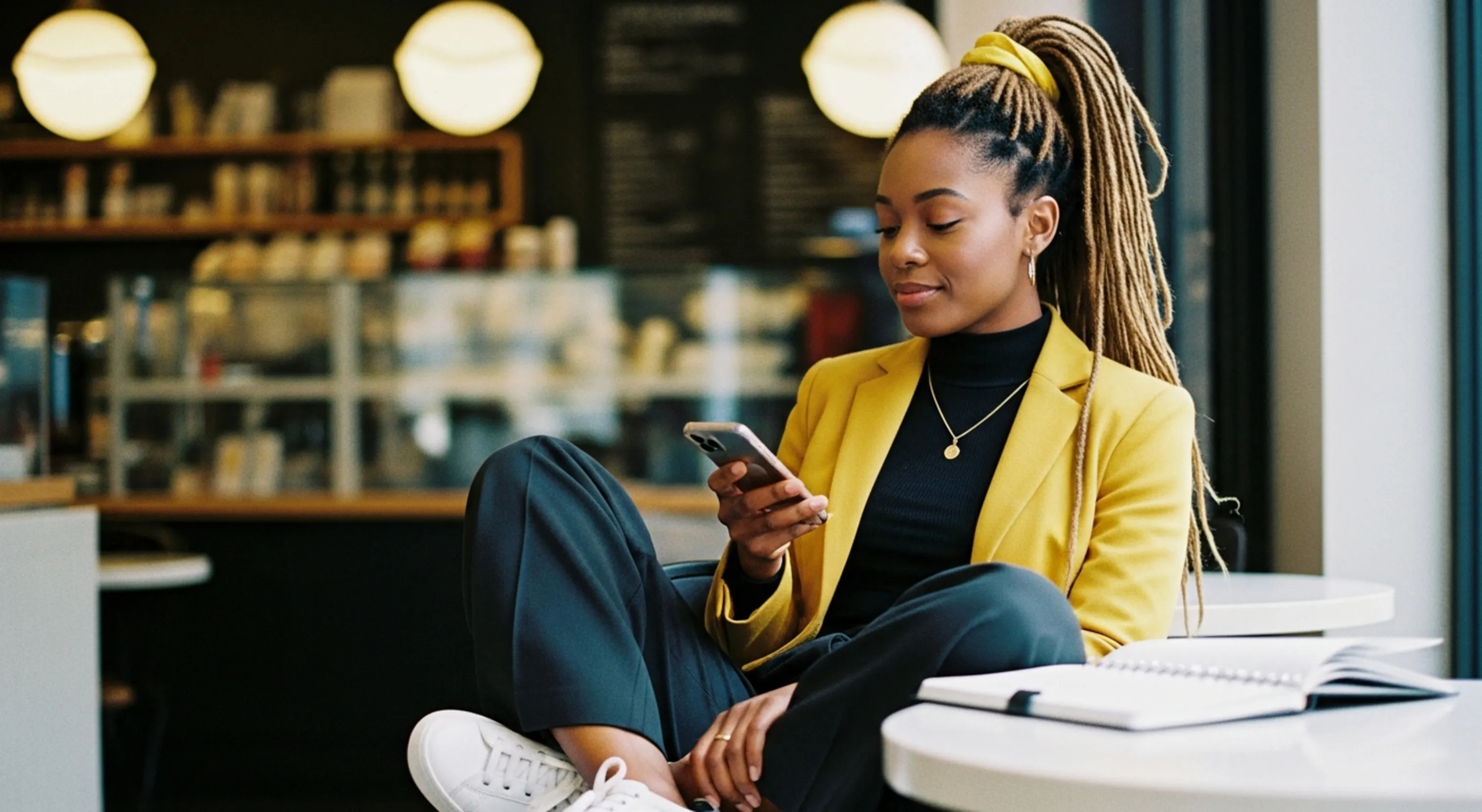 Young woman in a yellow blazer sitting crossed legs at a table while looking at her phone.