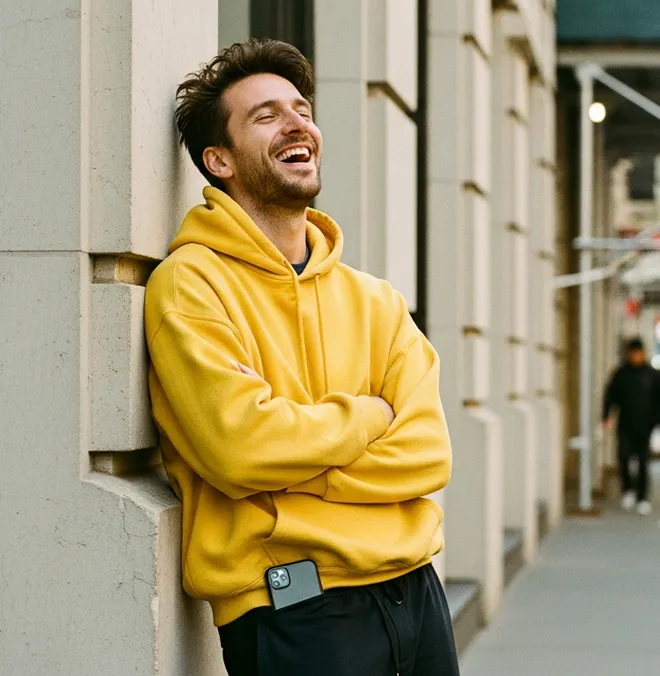 Man wearing yellow hoodie leaning against stone wall laughing with arms crossed and phone in pocket.