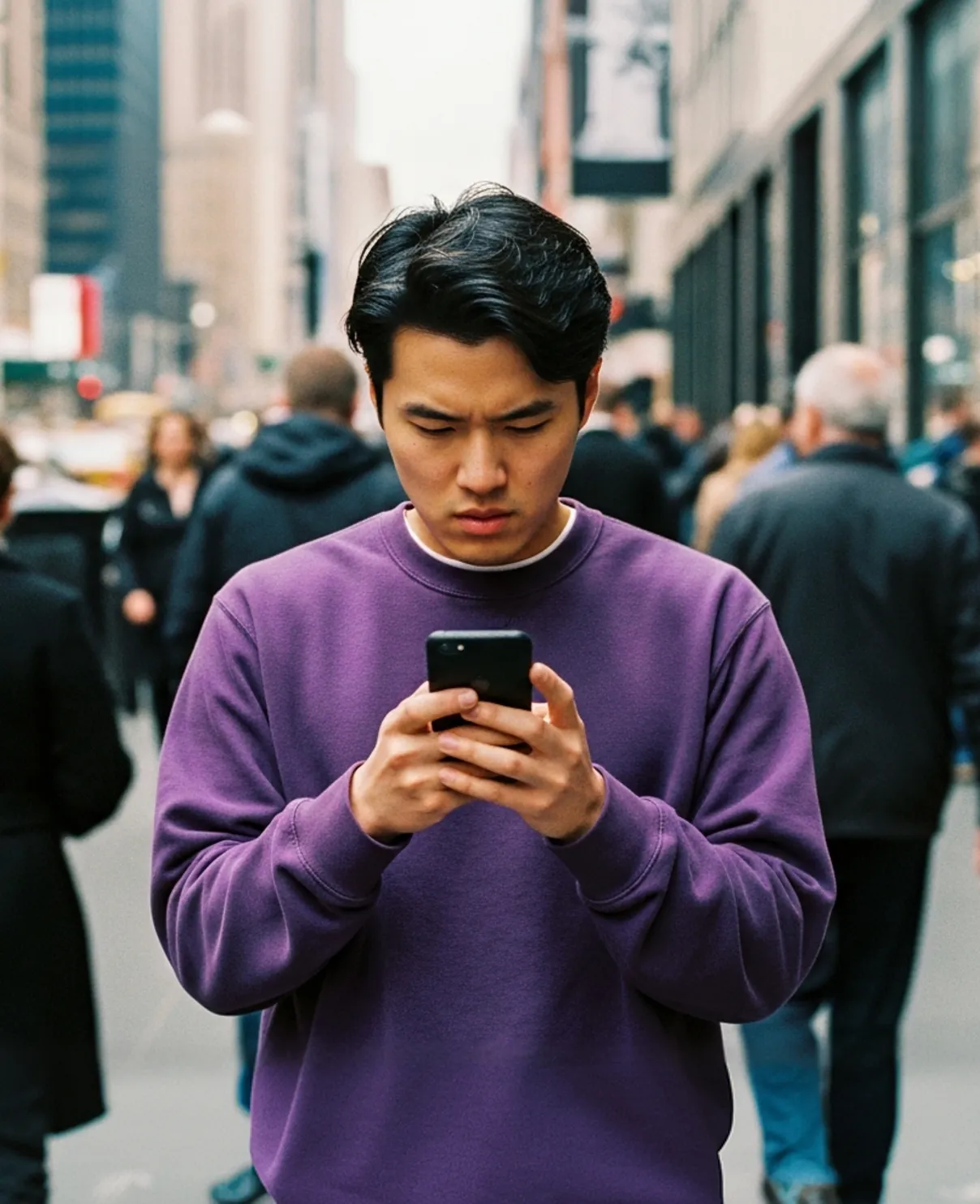 Young man in purple sweatshirt looking intently at his phone on a busy city street.