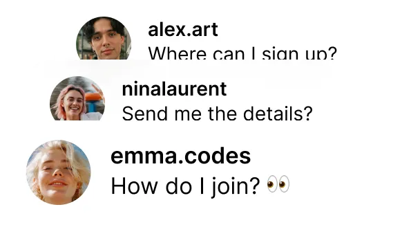 Three chat messages from users asking how to sign up, send details, and how to join with eye emojis.