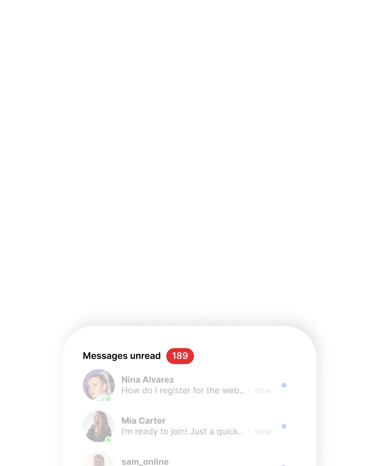 Smartphone screen showing 189 unread messages with contacts Nina Alvarez and Mia Carter.