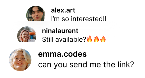 Three social media comments with profile pictures: asking about interest, availability, and link request.