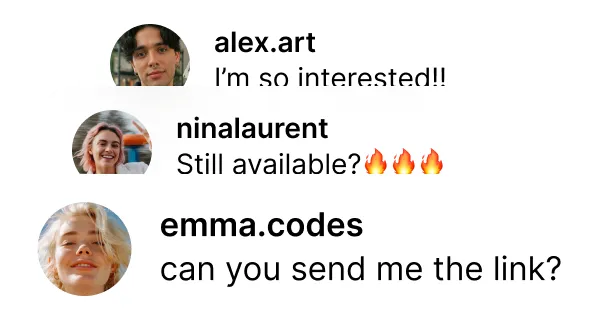 Three social media comments with profile pictures: asking about interest, availability, and link request.