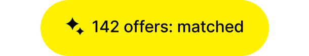 Yellow rounded button with text '142 offers: matched' and a sparkle icon on the left.