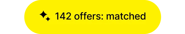 Yellow rounded button with text '142 offers: matched' and a sparkle icon on the left.