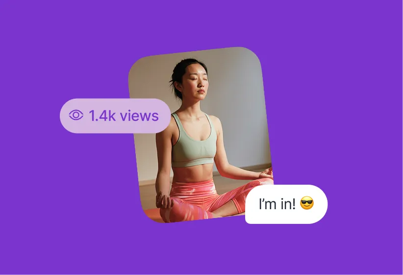 Woman meditating with eyes closed wearing sports bra and leggings, with views and chat icons.