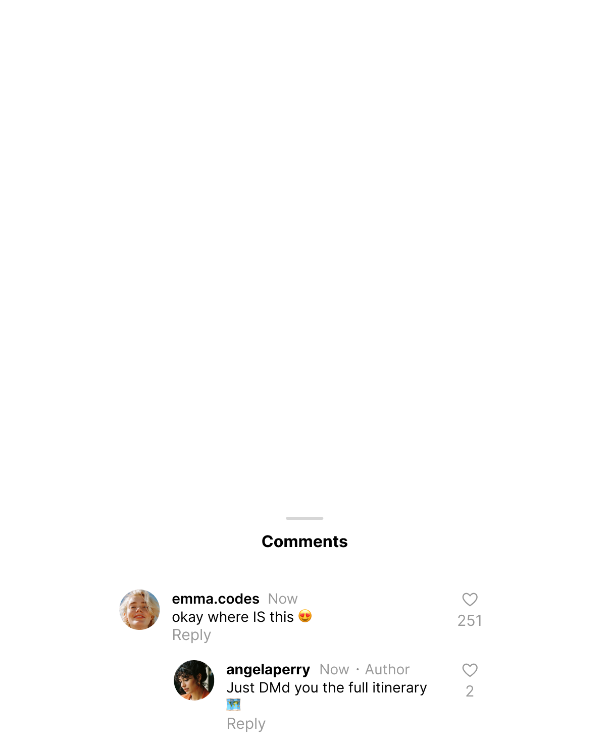 Social media comments: emma.codes asks location, angelaperry replies she sent the full itinerary by DM.