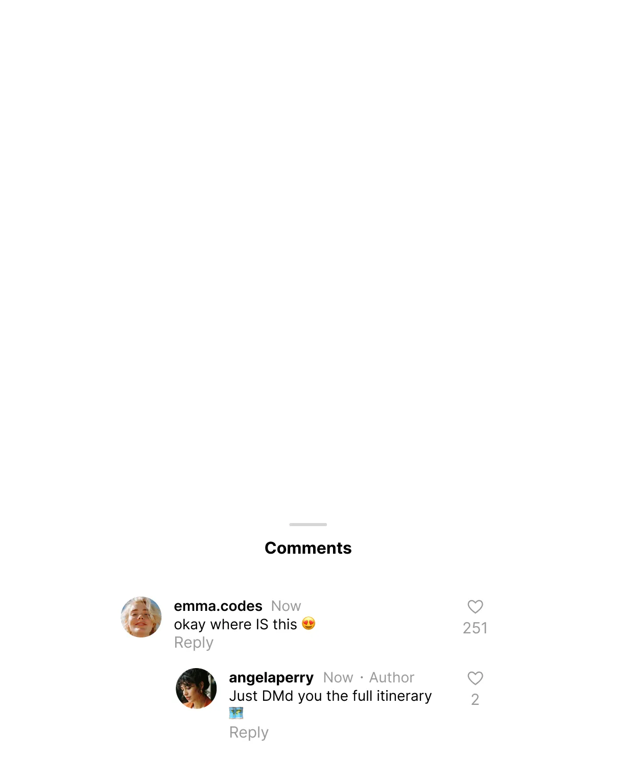 Social media comments: emma.codes asks location, angelaperry replies she sent the full itinerary by DM.