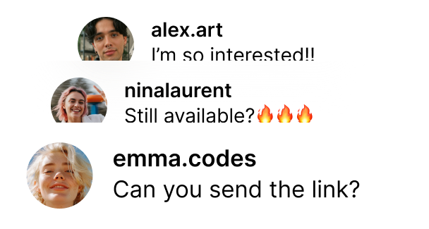 Chat messages from users alex.art, ninalaurent, and emma.codes asking about availability and requesting a link.