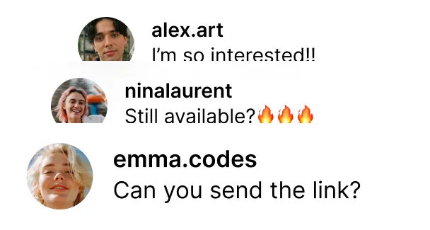 Chat messages from users alex.art, ninalaurent, and emma.codes asking about availability and requesting a link.