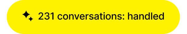 Yellow rounded rectangle with black text reading '231 conversations: handled' and two sparkle icons.