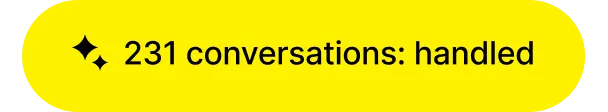 Yellow rounded rectangle with black text reading '231 conversations: handled' and two sparkle icons.