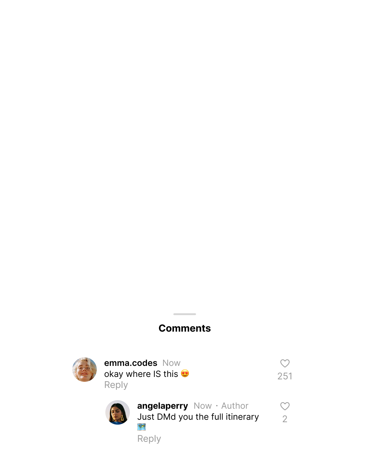 Instagram comment from emma.codes asking location, author com.perry replied with itinerary sent via DM.